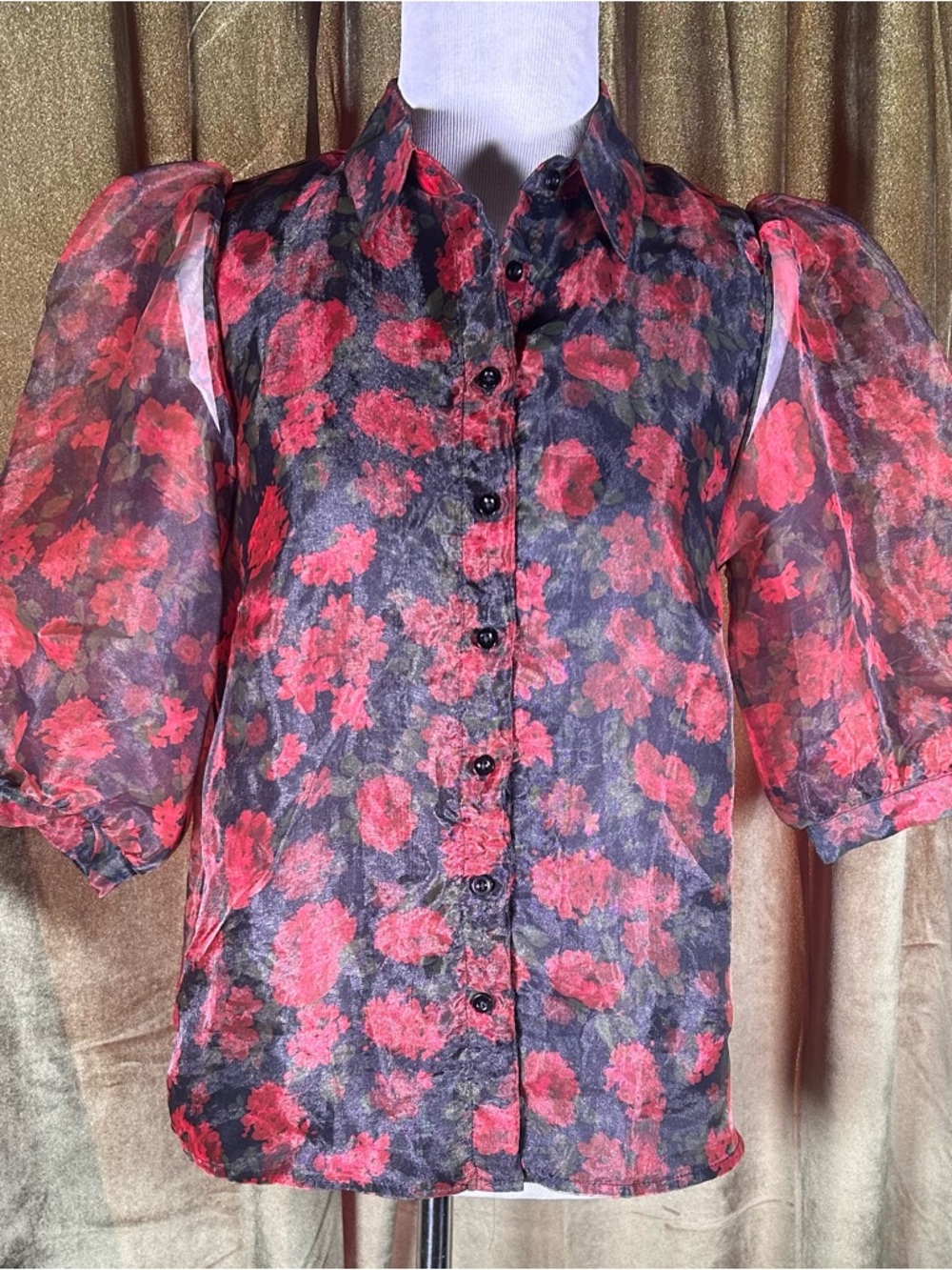 Blashe Sheer Floral Red Rose Puff Sleeve Organza Button Down Blouse - Picture 2 of 5